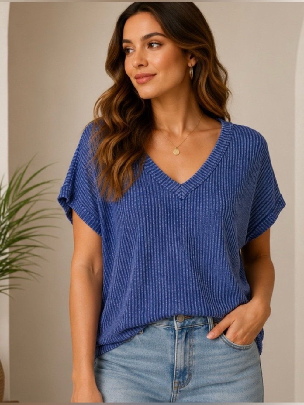 Perch by Blu Pepper 2X Blue Ribbed V Neck Knit Top Oversized